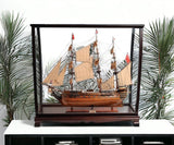 39" Wood Brown HMS Surprise 1796 Table Top Display Case Hand Painted Model Boat - Homeroots