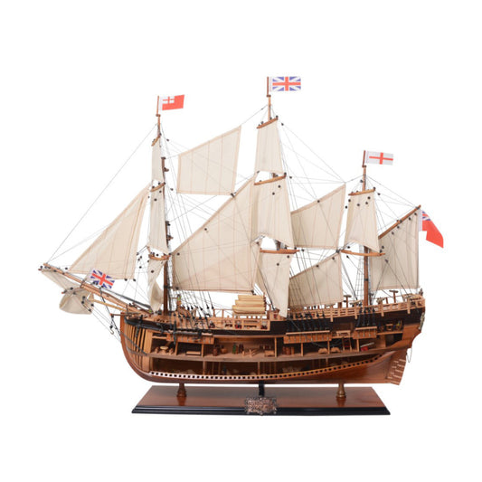 34" Wood Brown HMS Endeavour 1768 Open Hull Hand Painted Decorative Boat
