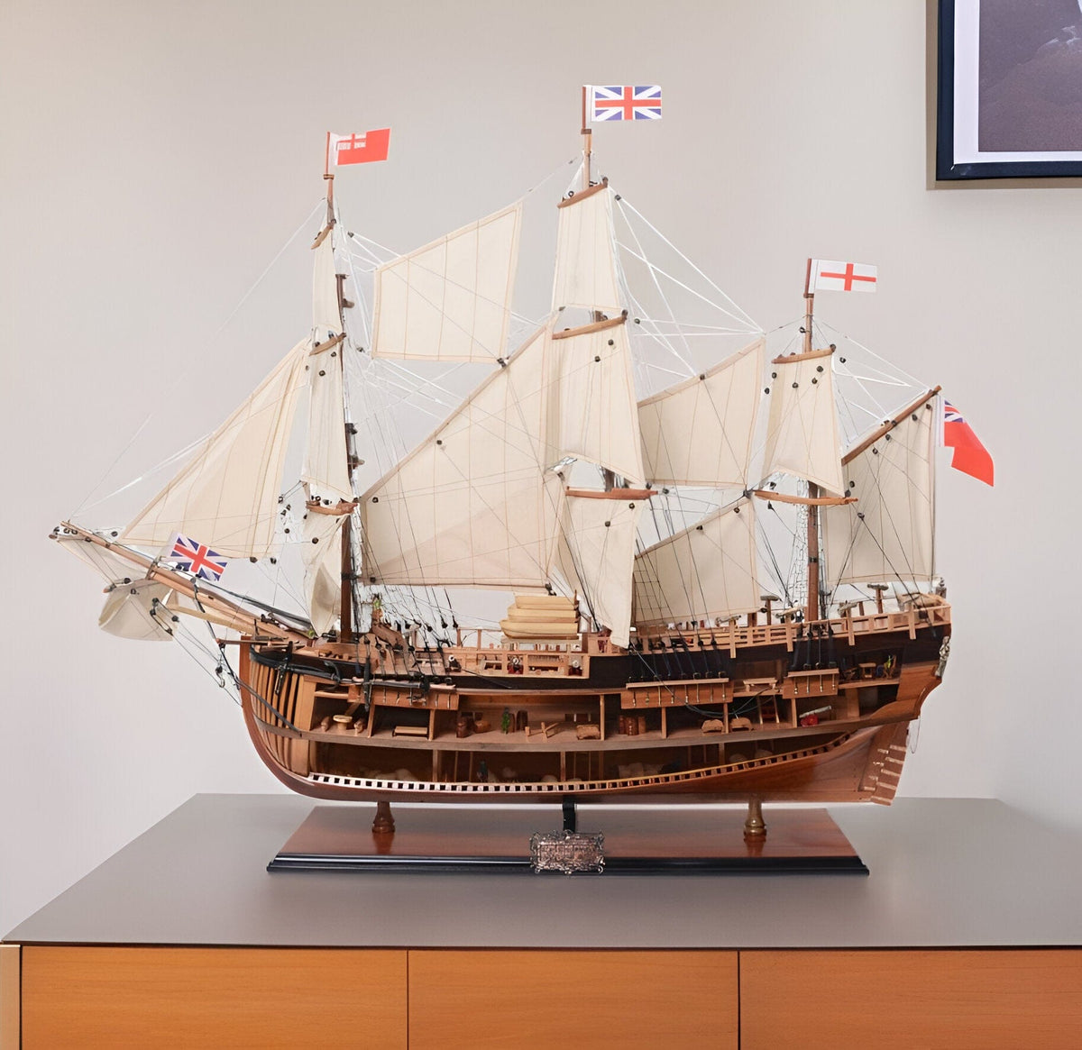 34" Wood Brown HMS Endeavour 1768 Open Hull Hand Painted Decorative Boat - Homeroots - Flyclothing LLC