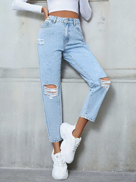 Distressed High Rise Jeans with Pockets - Trendsi - Flyclothing LLC