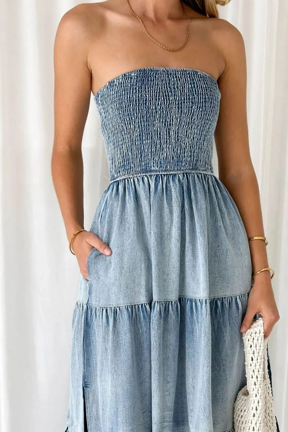 Smocked Tube Slit Tiered Denim Dress - Trendsi - Flyclothing LLC