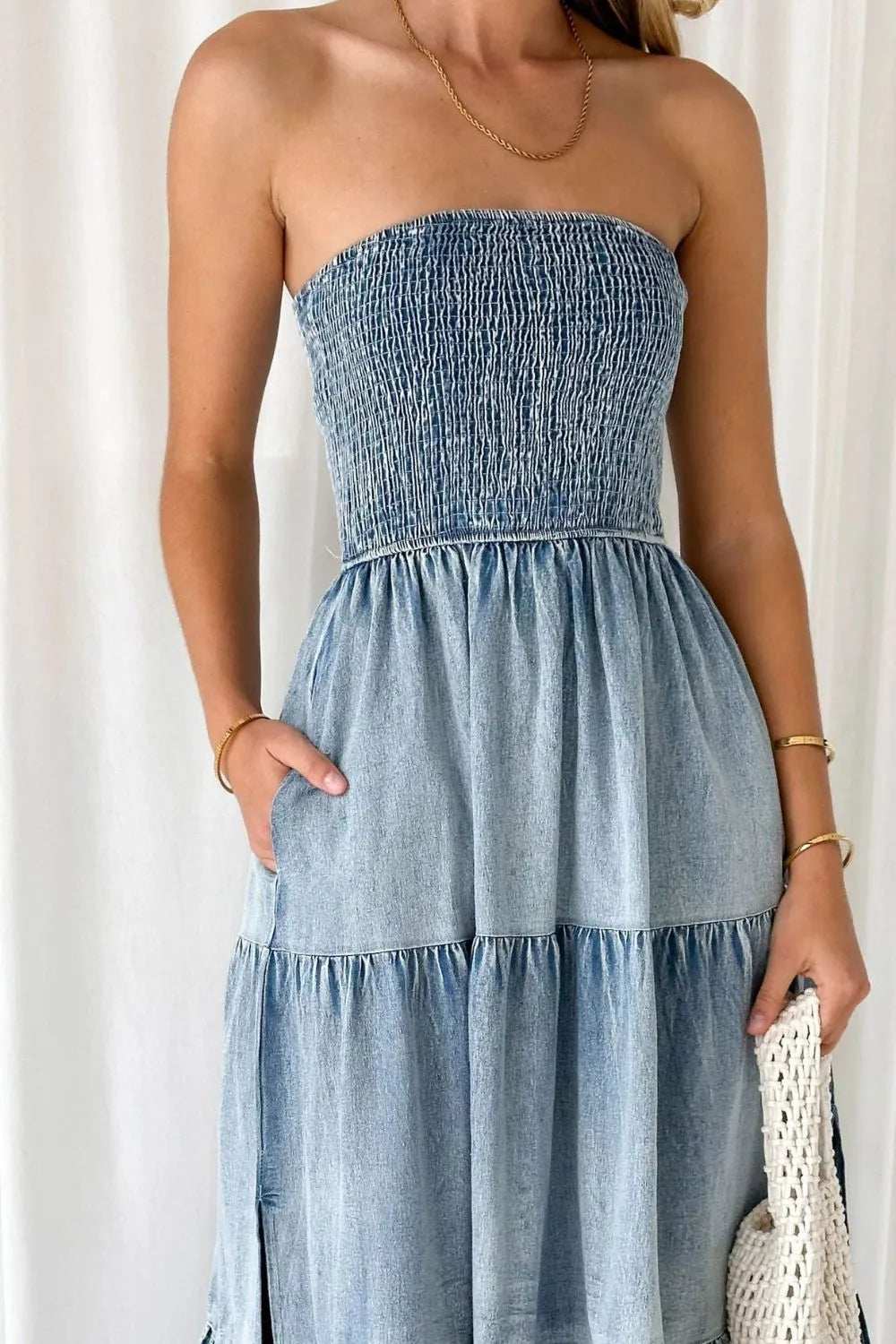Smocked Tube Slit Tiered Denim Dress - Trendsi - Flyclothing LLC