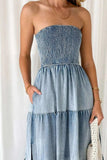 Smocked Tube Slit Tiered Denim Dress - Trendsi - Flyclothing LLC
