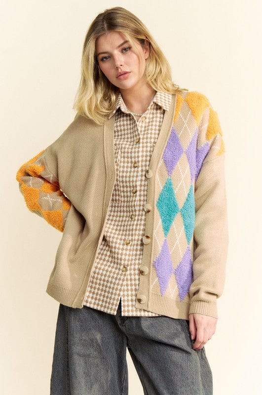Davi & Dani Argyle V-Neck Dropped Shoulder Cardigan - Trendsi - Flyclothing LLC