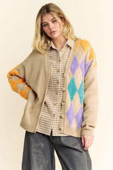Davi & Dani Argyle V-Neck Dropped Shoulder Cardigan - Trendsi - Flyclothing LLC