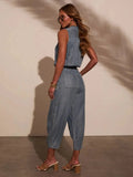 Sleeveless Drawstring Waist Washed Denim Jumpsuit - Trendsi