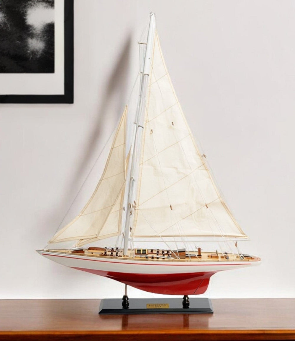 32" Red and White Endeavour Yacht Painted Boat Hand Painted Decorative Boat - Homeroots