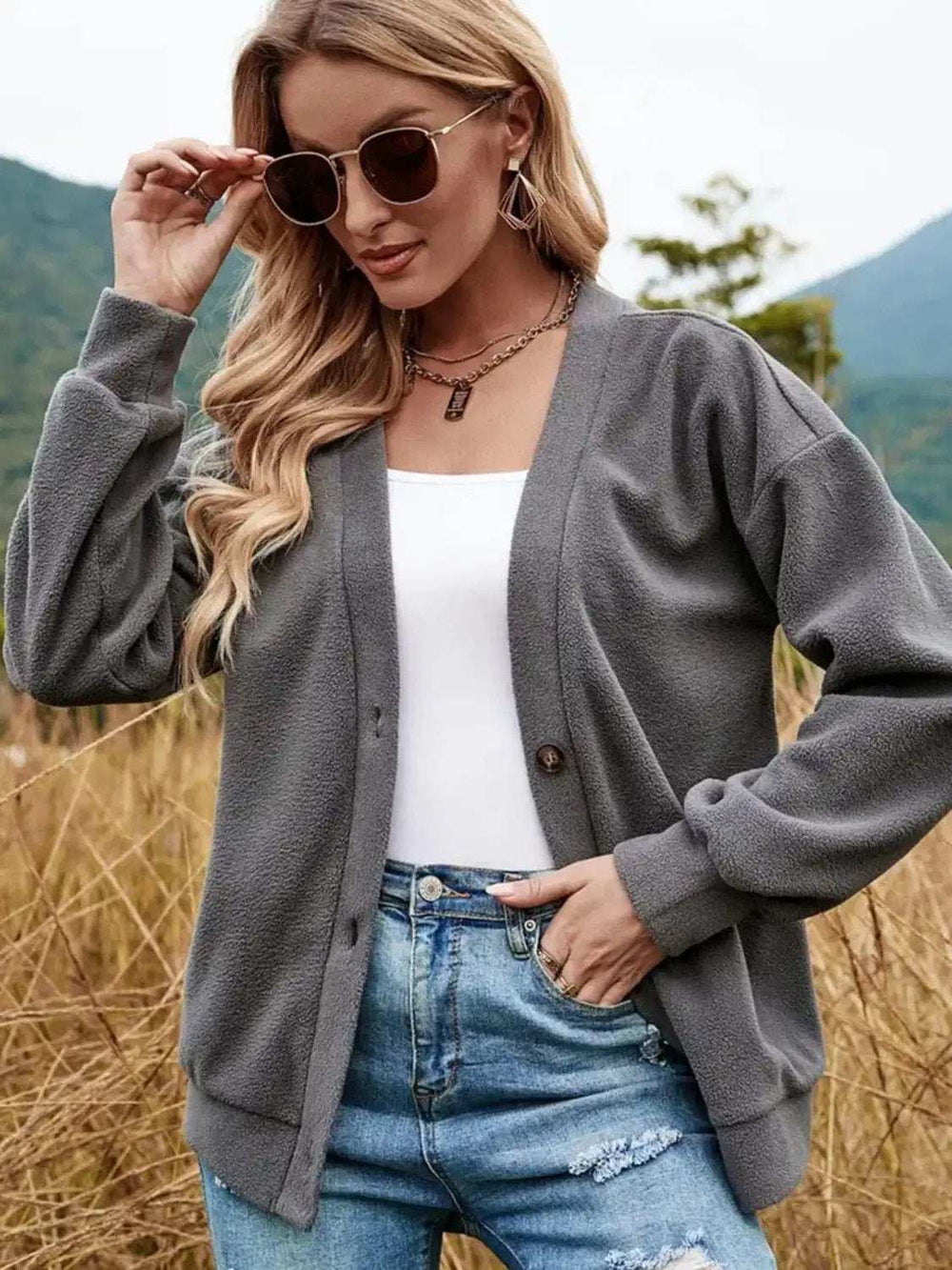 Shiny Button Down V-Neck Dropped Shoulder Jacket - Trendsi - Flyclothing LLC