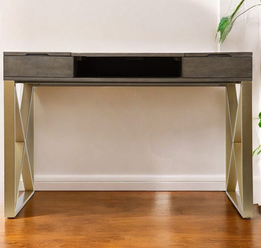 Modern Gray and Gold Writing Desk with Storage - Homeroots