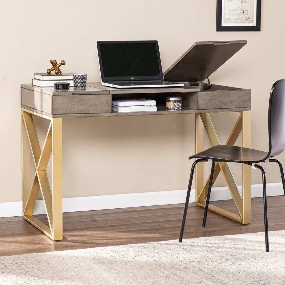 Modern Gray and Gold Writing Desk with Storage - Homeroots - Flyclothing LLC