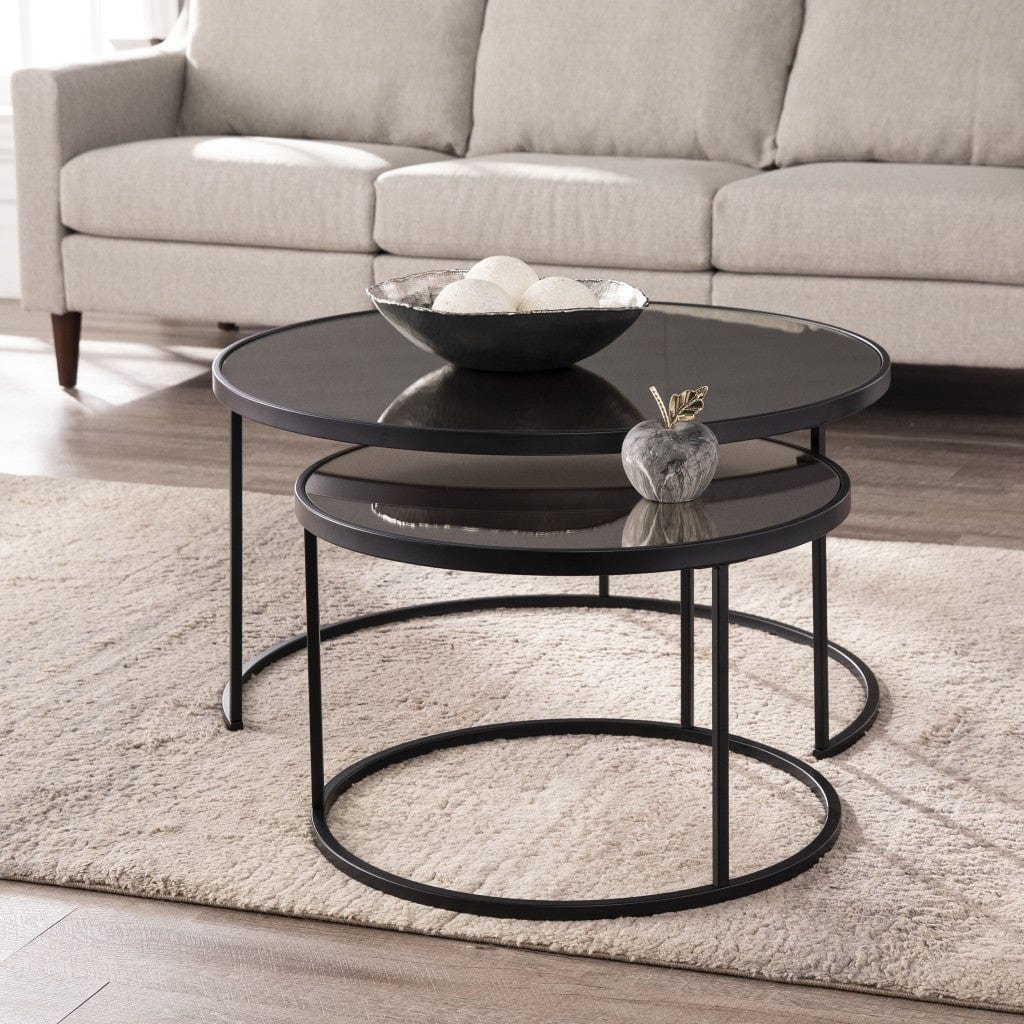 Set of Two Black And Silver Mirrored Round Nested Coffee Table Set - Homeroots