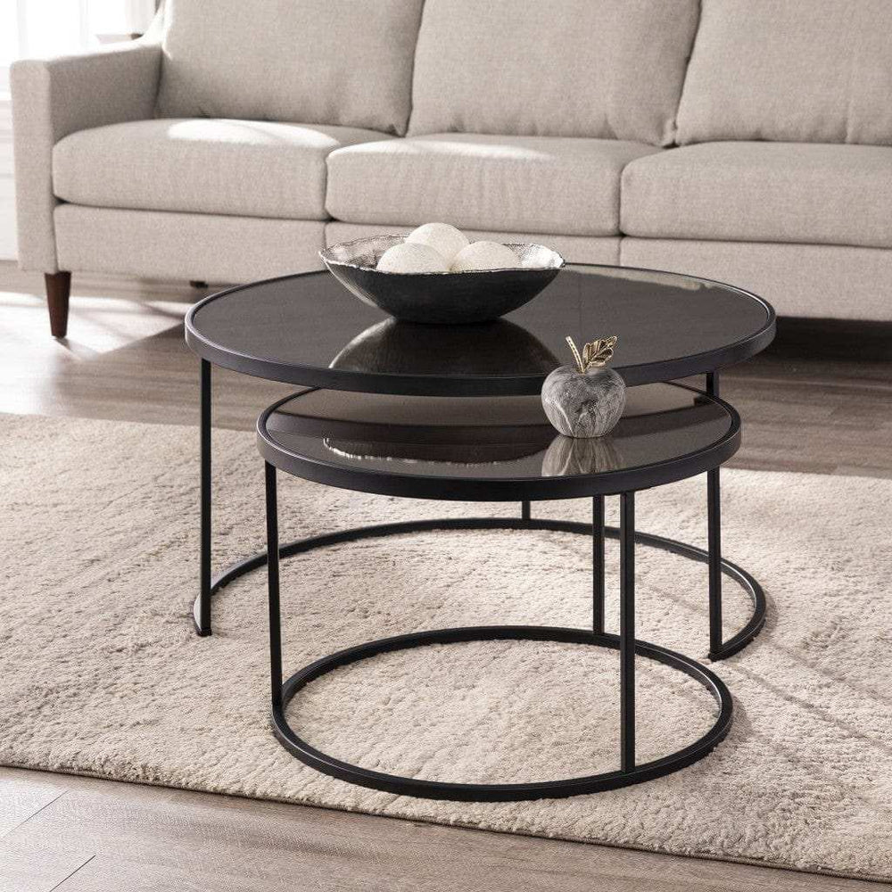 Set of Two Black And Silver Mirrored Round Nested Coffee Table Set - Homeroots - Flyclothing LLC