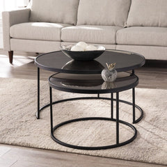 Set of Two Black And Silver Mirrored Round Nested Coffee Table Set - Homeroots