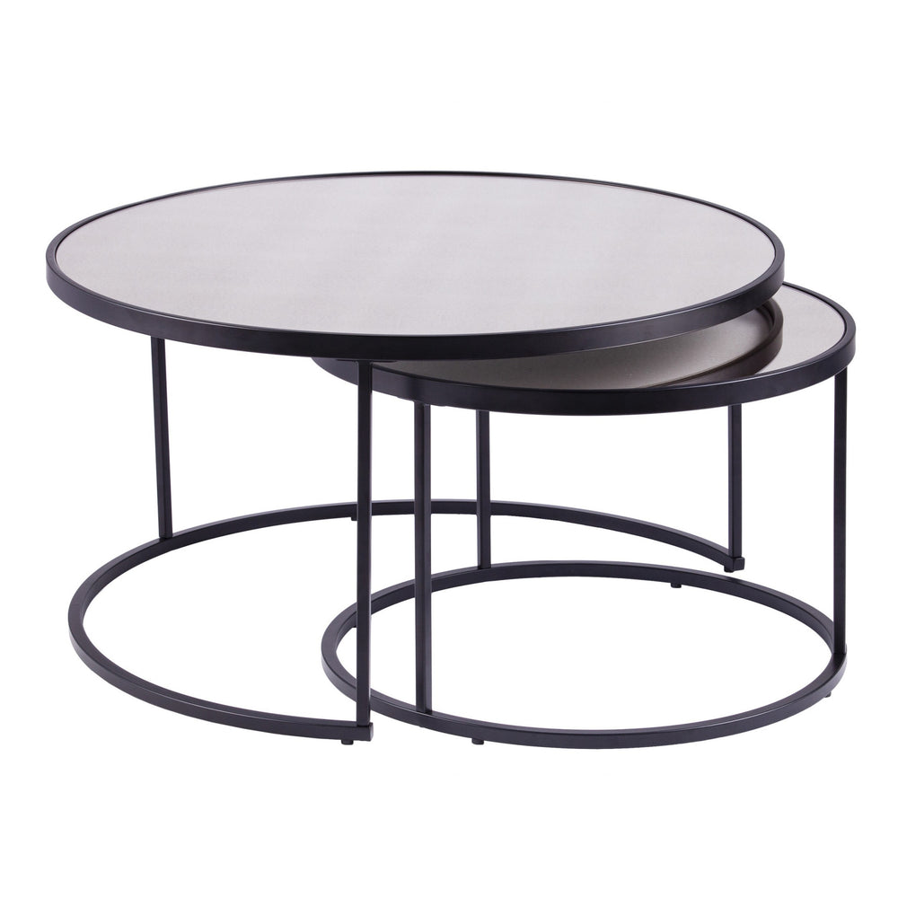 Set of Two Black And Silver Mirrored Round Nested Coffee Table Set - Homeroots