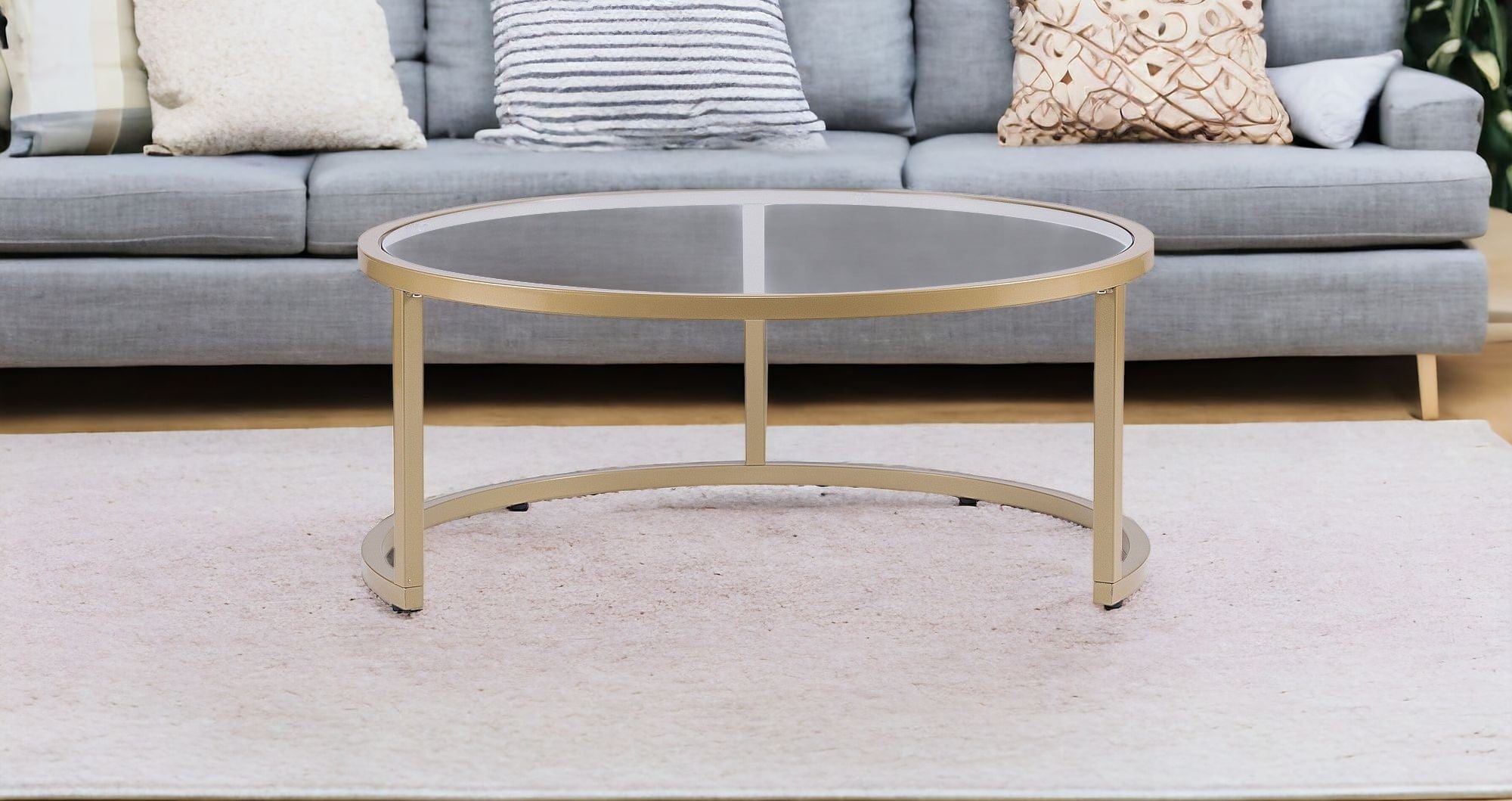 Set of Two Gold Glass Round Nested Coffee Tables - Homeroots