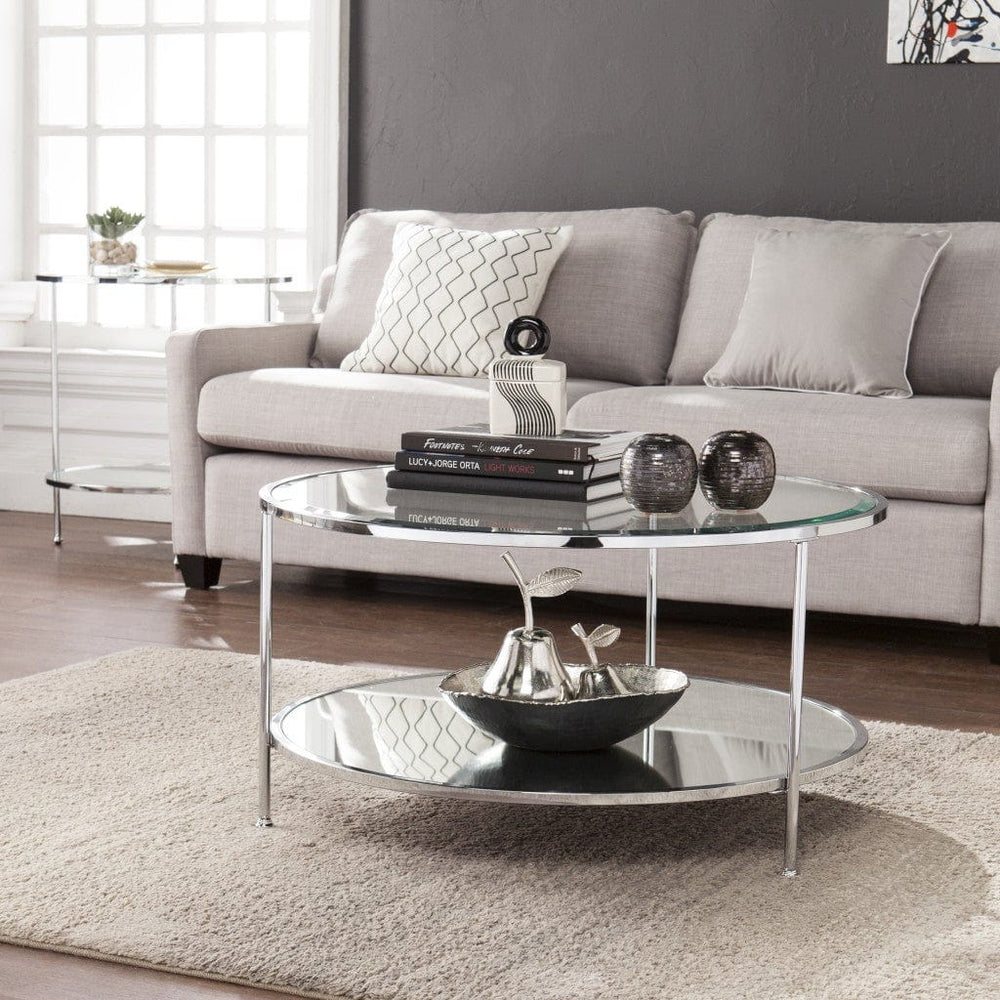 34" Chrome Glass And Metal Round Mirrored Coffee Table - Homeroots - Flyclothing LLC