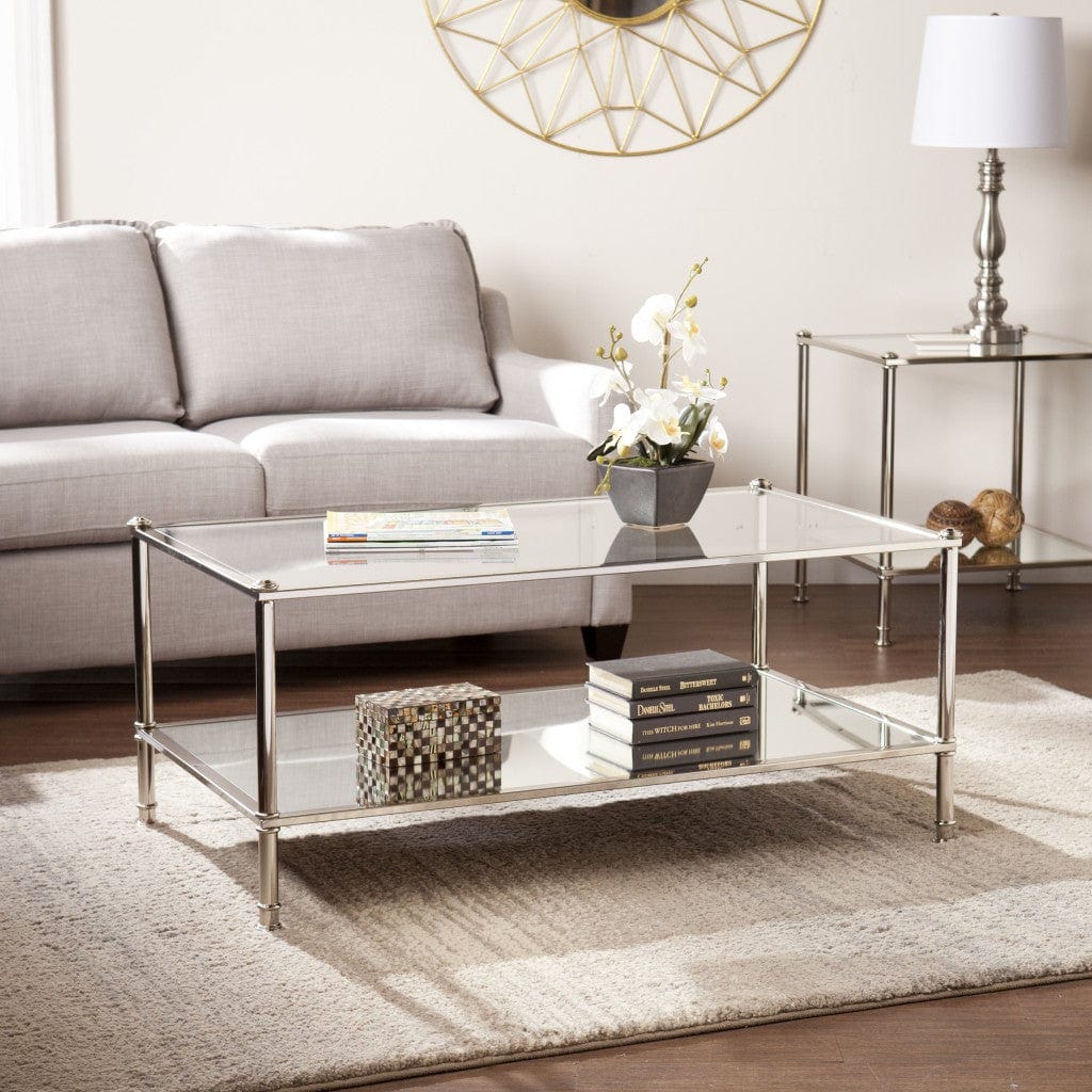 43" Silver Mirrored And Metal Rectangular Mirrored Coffee Table - Homeroots