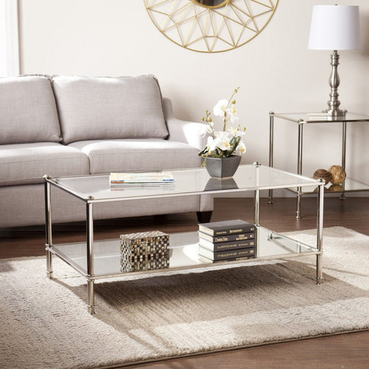 43" Silver Mirrored And Metal Rectangular Mirrored Coffee Table - Homeroots