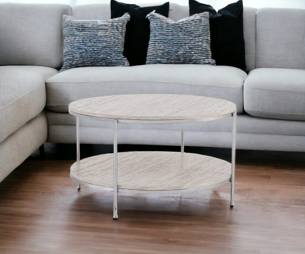 33" Chrome Faux Marble And Metal Round Coffee Table - Homeroots - Flyclothing LLC