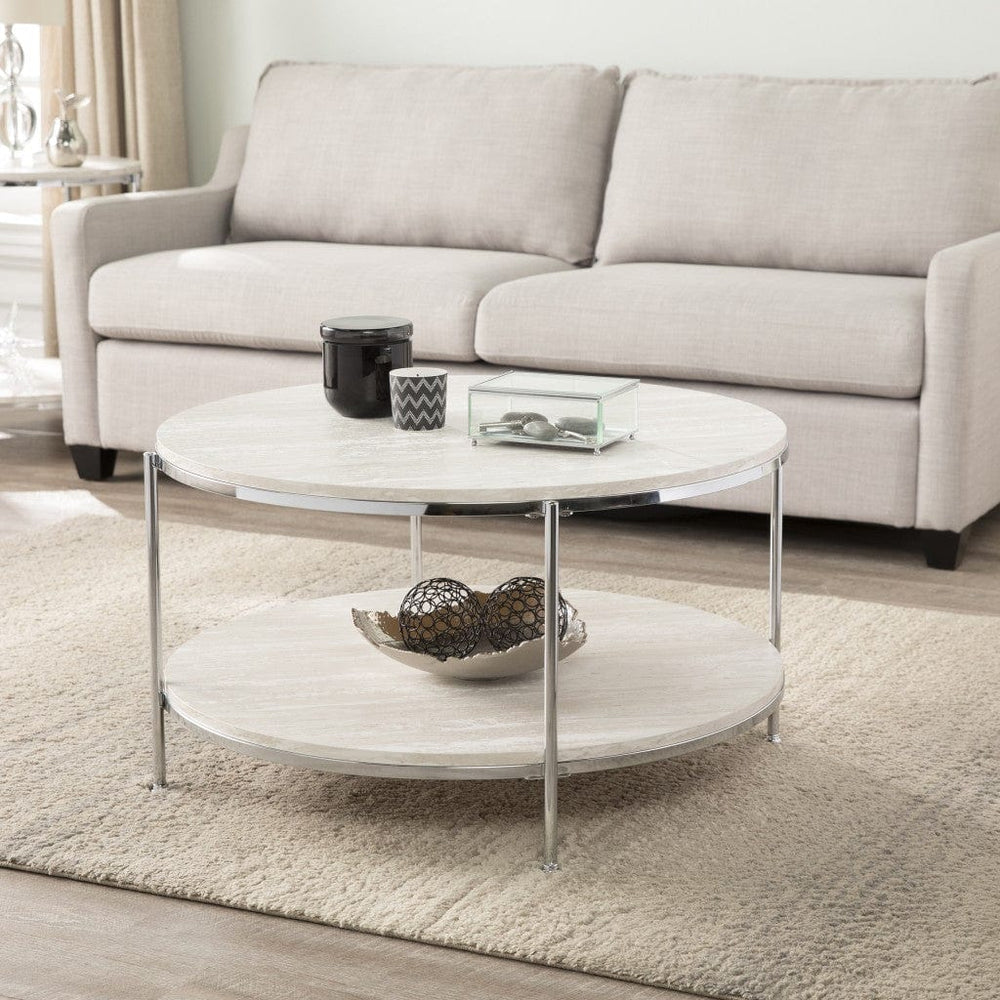 33" Chrome Faux Marble And Metal Round Coffee Table - Homeroots - Flyclothing LLC