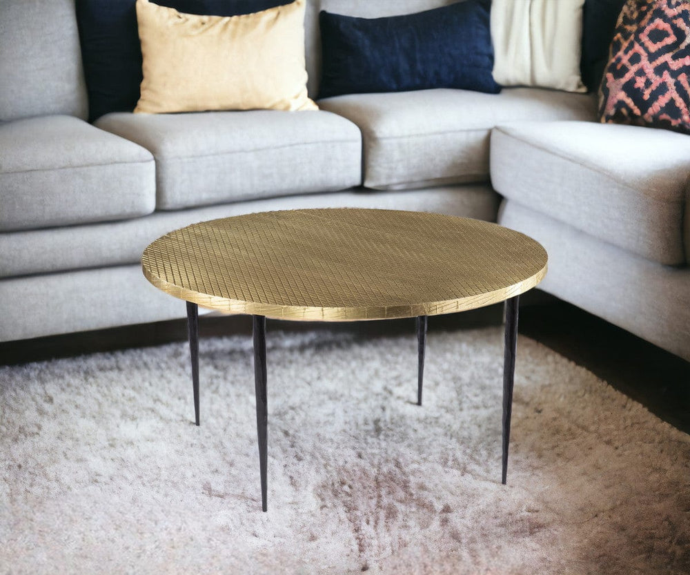 34" Black And Gold Embossed Metal Round Coffee Table - Homeroots