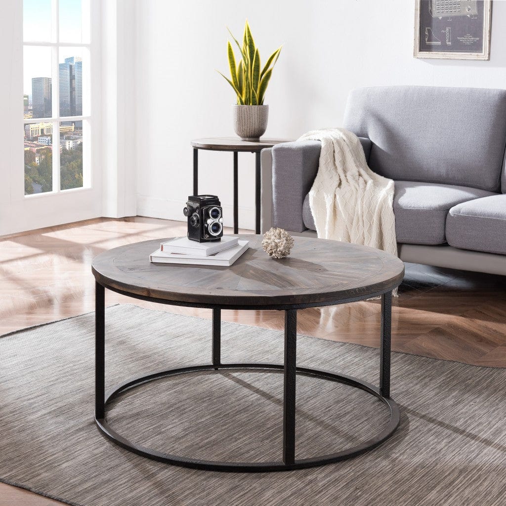 36" Natural And Brown Reclaimed Wood And Metal Round Coffee Table - Homeroots - Flyclothing LLC