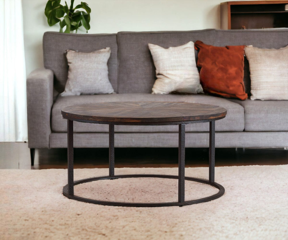 36" Natural And Brown Reclaimed Wood And Metal Round Coffee Table - Homeroots - Flyclothing LLC