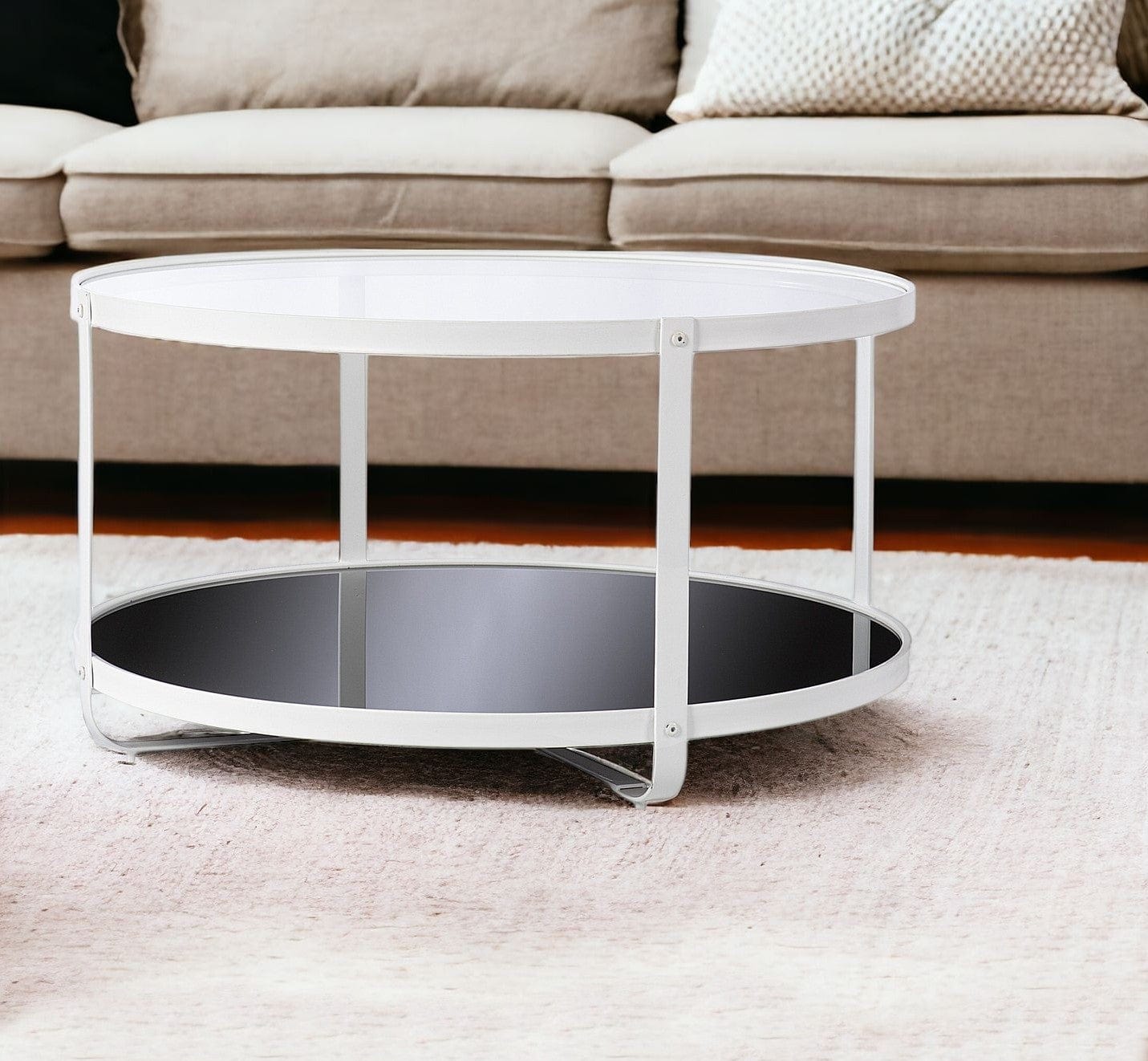 32" White Glass And Metal Two Tier Round Coffee Table - Homeroots - Flyclothing LLC
