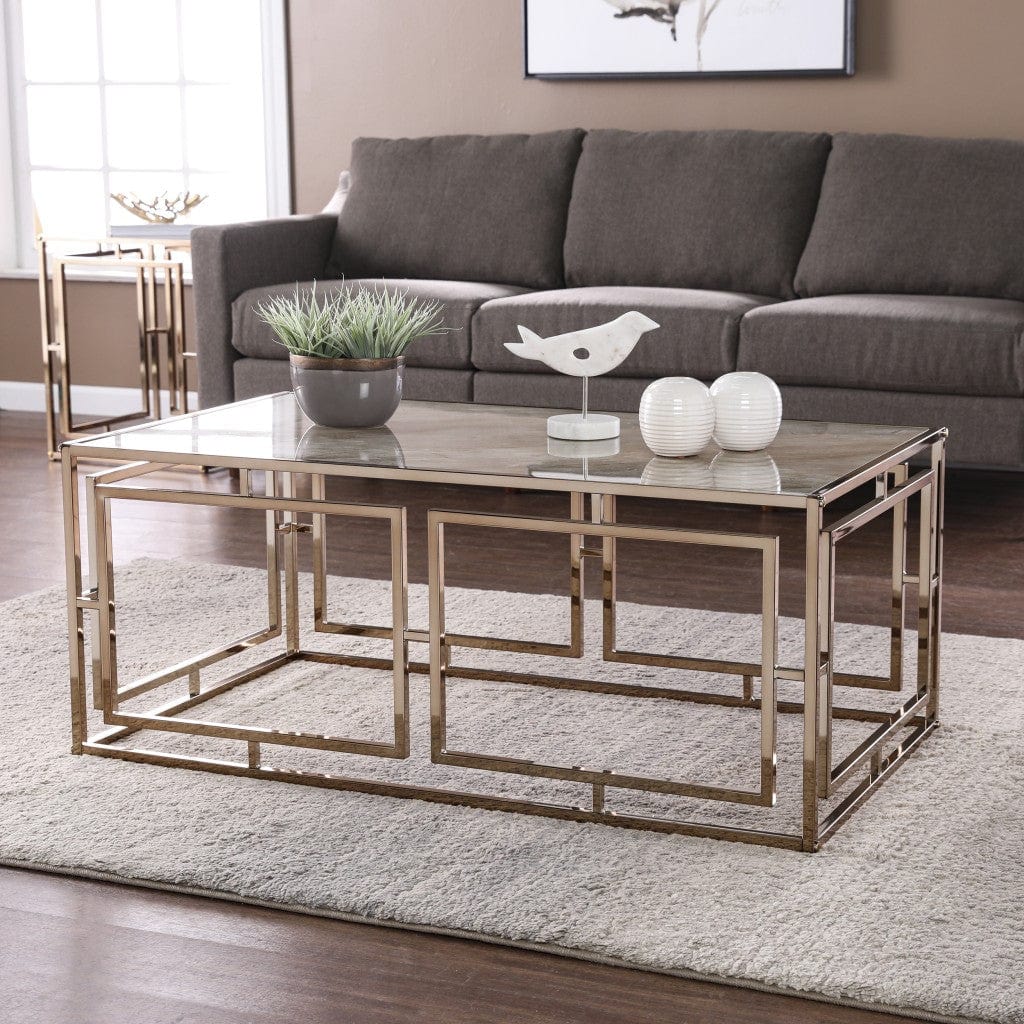 44" Champagne Glass And Metal Rectangular Coffee Table - Homeroots