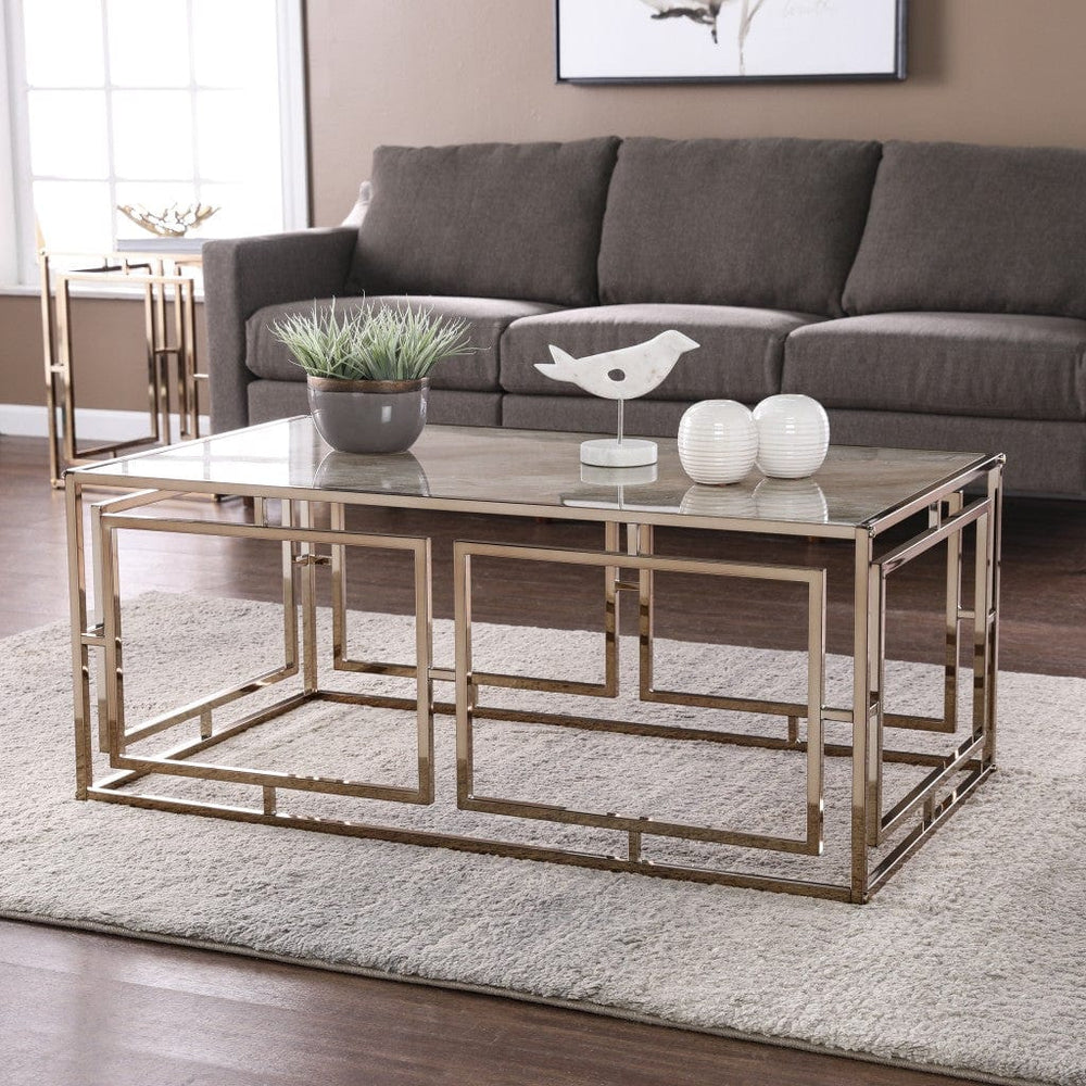 44" Champagne Glass And Metal Rectangular Coffee Table - Homeroots - Flyclothing LLC