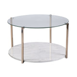 33" Gold Glam Glass And Faux Marble Two Tier Round Coffee Table - Homeroots