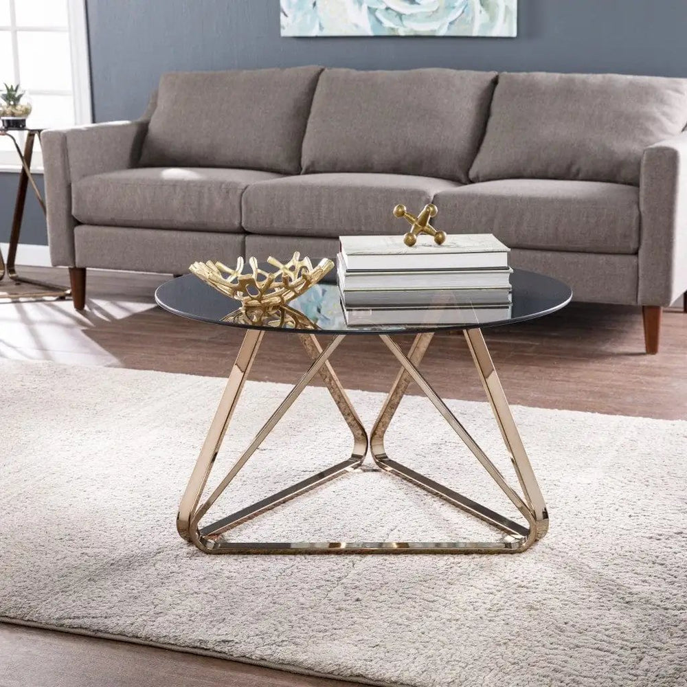 31" Champagne Glass And Metal Round Coffee Table - Homeroots - Flyclothing LLC
