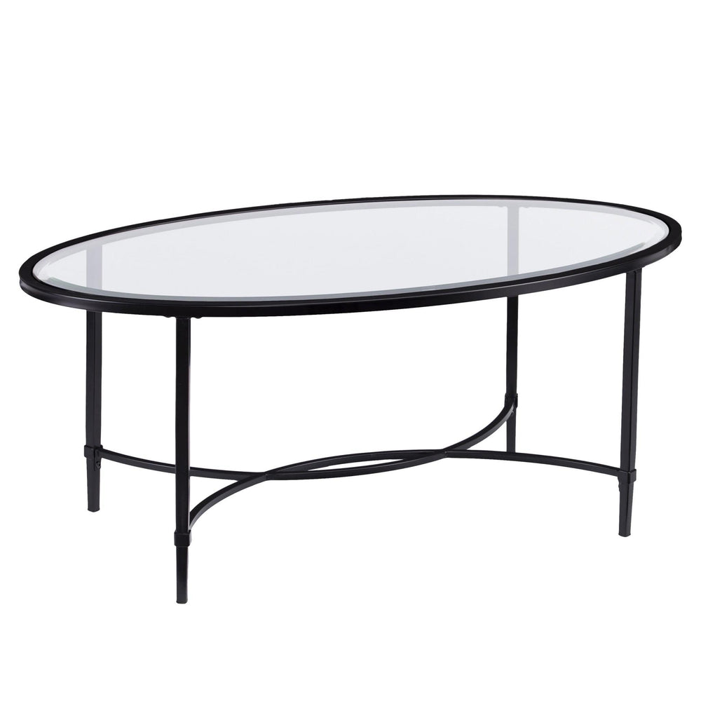 45" Black Glass And Metal With Iron Oval Coffee Table - Homeroots