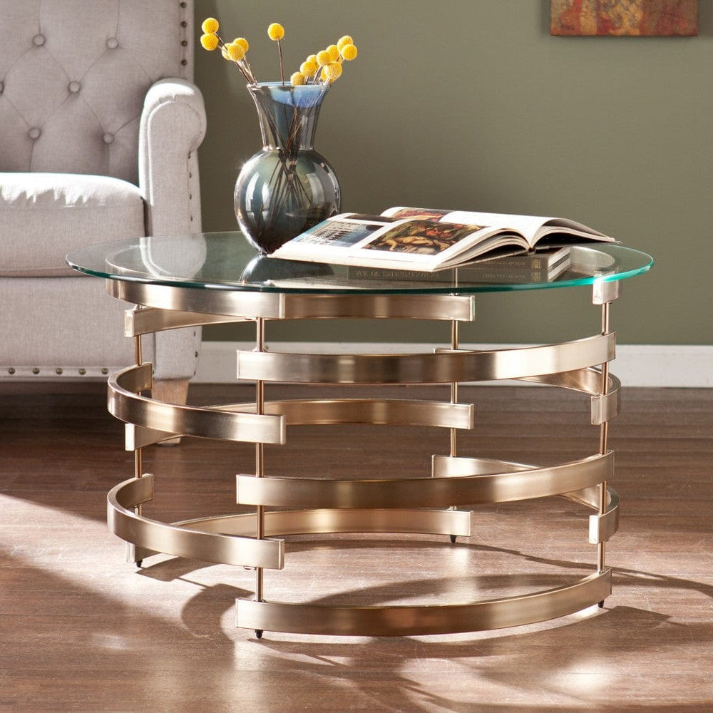 32" Clear And Champagne Glass And Metal With Iron Round Coffee Table - Homeroots - Flyclothing LLC
