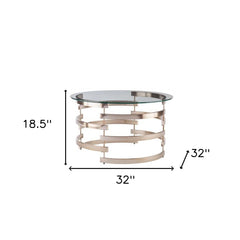 32" Clear And Champagne Glass And Metal With Iron Round Coffee Table