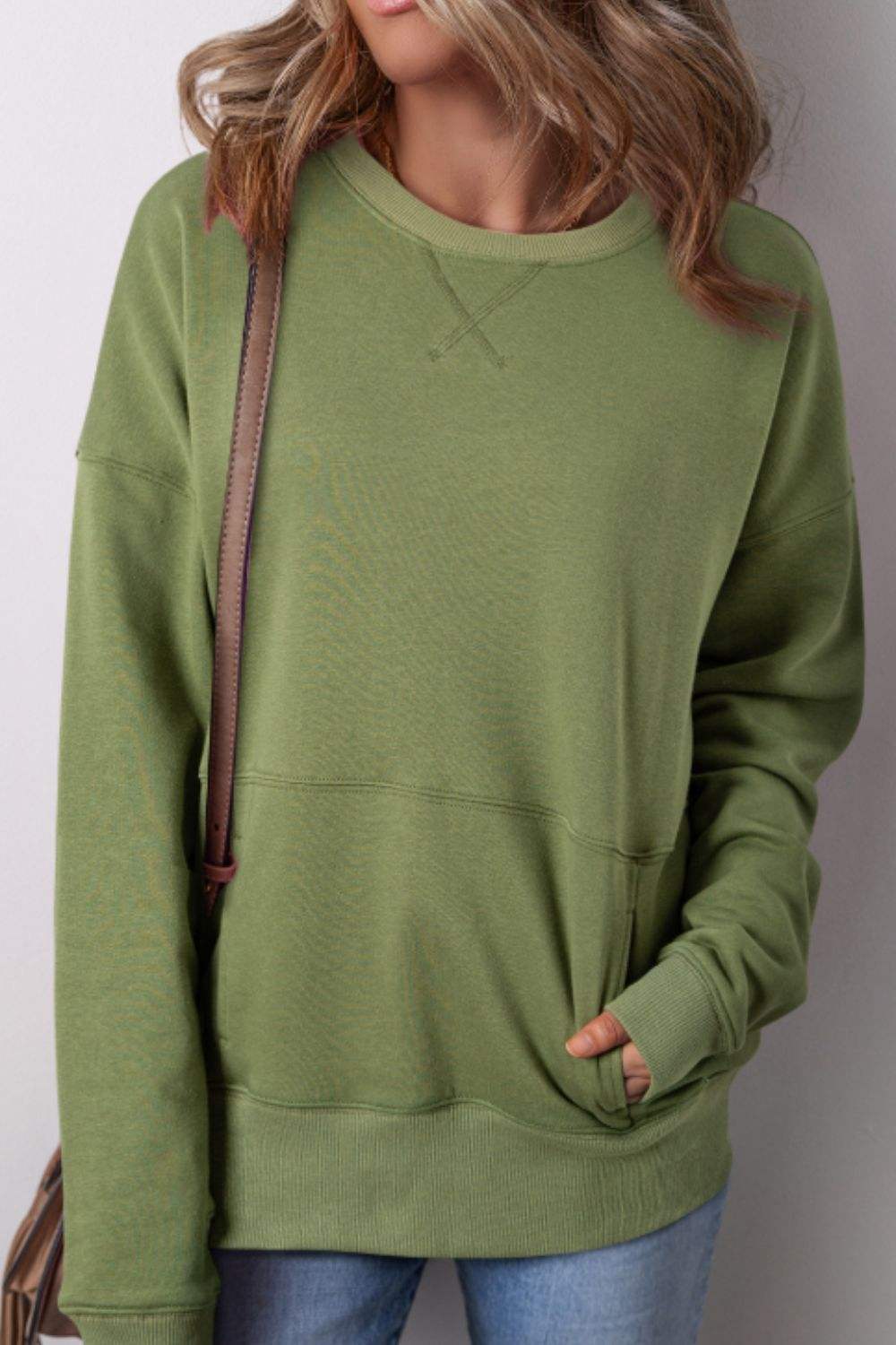 Solid Color Round Neck Long Sleeve Sweatshirt - Trendsi - Flyclothing LLC