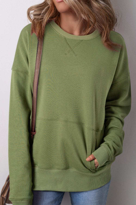 Solid Color Round Neck Long Sleeve Sweatshirt - Trendsi - Flyclothing LLC