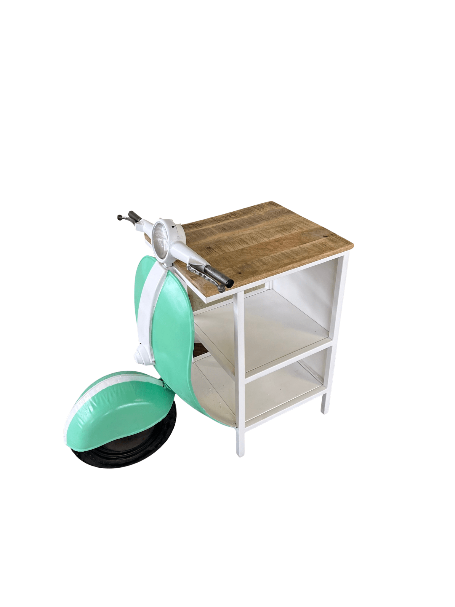 26" Green And White Novelty Scooter Open Cabinet with Two Shelves - Homeroots - Flyclothing LLC
