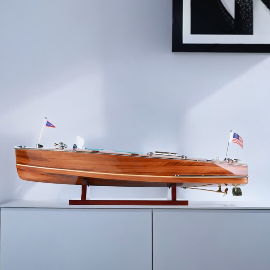 7" Wood Brown c1928 Chris Craft Triple Cockpit Medium Boat Hand Painted Decorative Boat