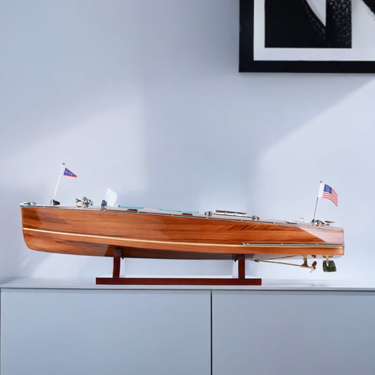 7" Wood Brown c1928 Chris Craft Triple Cockpit Medium Boat Hand Painted Decorative Boat