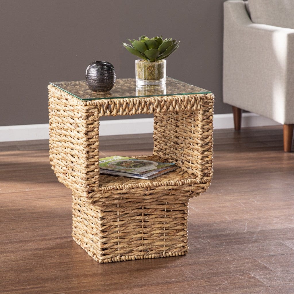 23" Brown And Clear Glass And Rattan Wicker Square End Table - Homeroots - Flyclothing LLC
