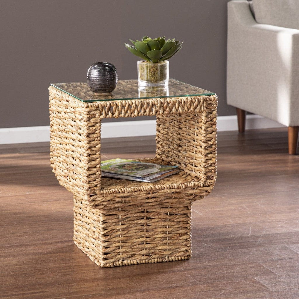 23" Brown And Clear Glass And Rattan Wicker Square End Table - Homeroots