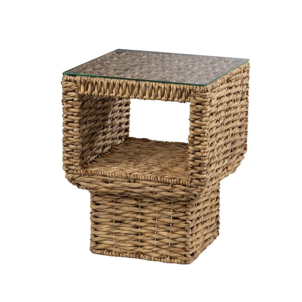 23" Brown And Clear Glass And Rattan Wicker Square End Table - Homeroots - Flyclothing LLC
