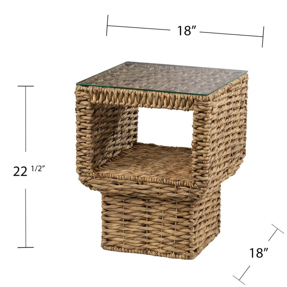 23" Brown And Clear Glass And Rattan Wicker Square End Table - Homeroots