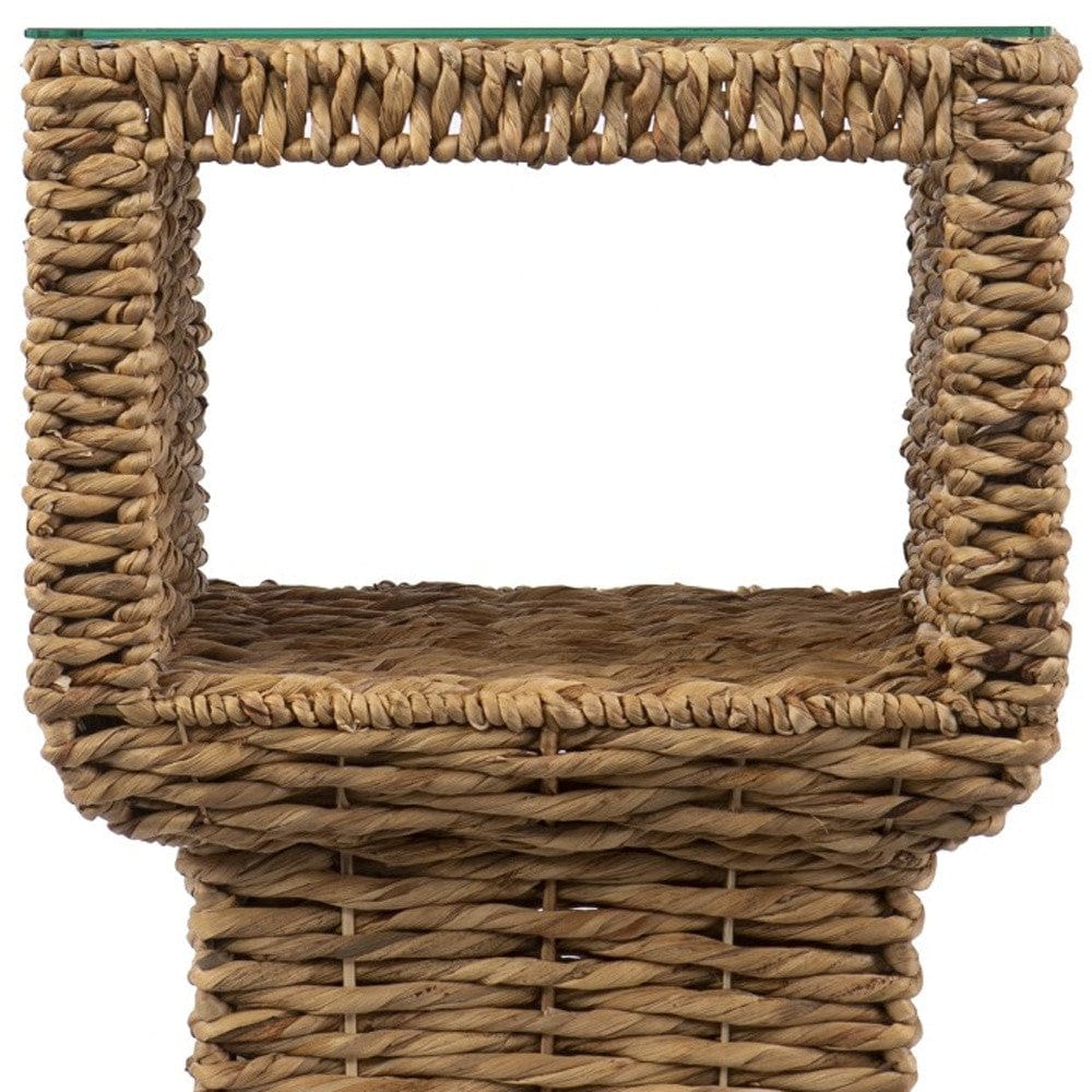 23" Brown And Clear Glass And Rattan Wicker Square End Table - Homeroots - Flyclothing LLC