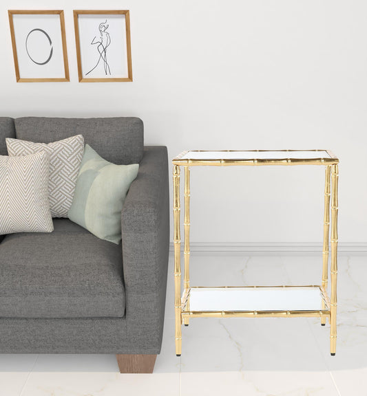 23" Gold Glass Top Square End Table With Shelf