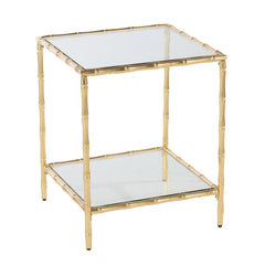 23" Gold Glass Top Square End Table With Shelf