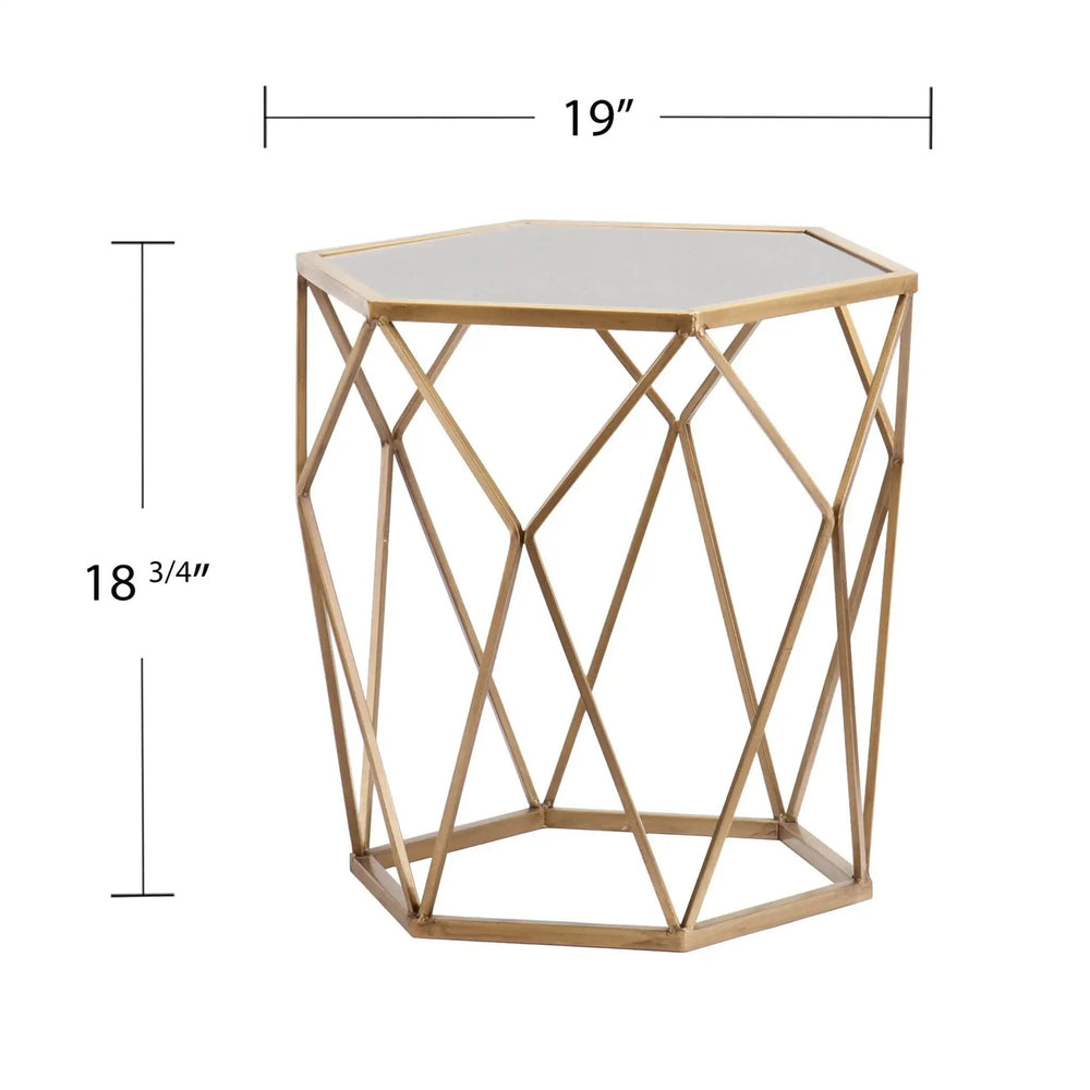 19" Gold And Reflective Glass Hexagon Mirrored End Table - Homeroots