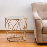 19" Gold And Reflective Glass Hexagon Mirrored End Table - Homeroots