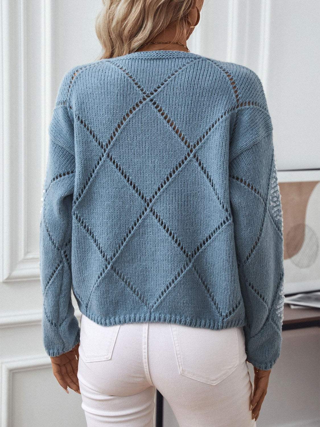 Openwork Round Neck Long Sleeve Knit Top - Trendsi - Flyclothing LLC